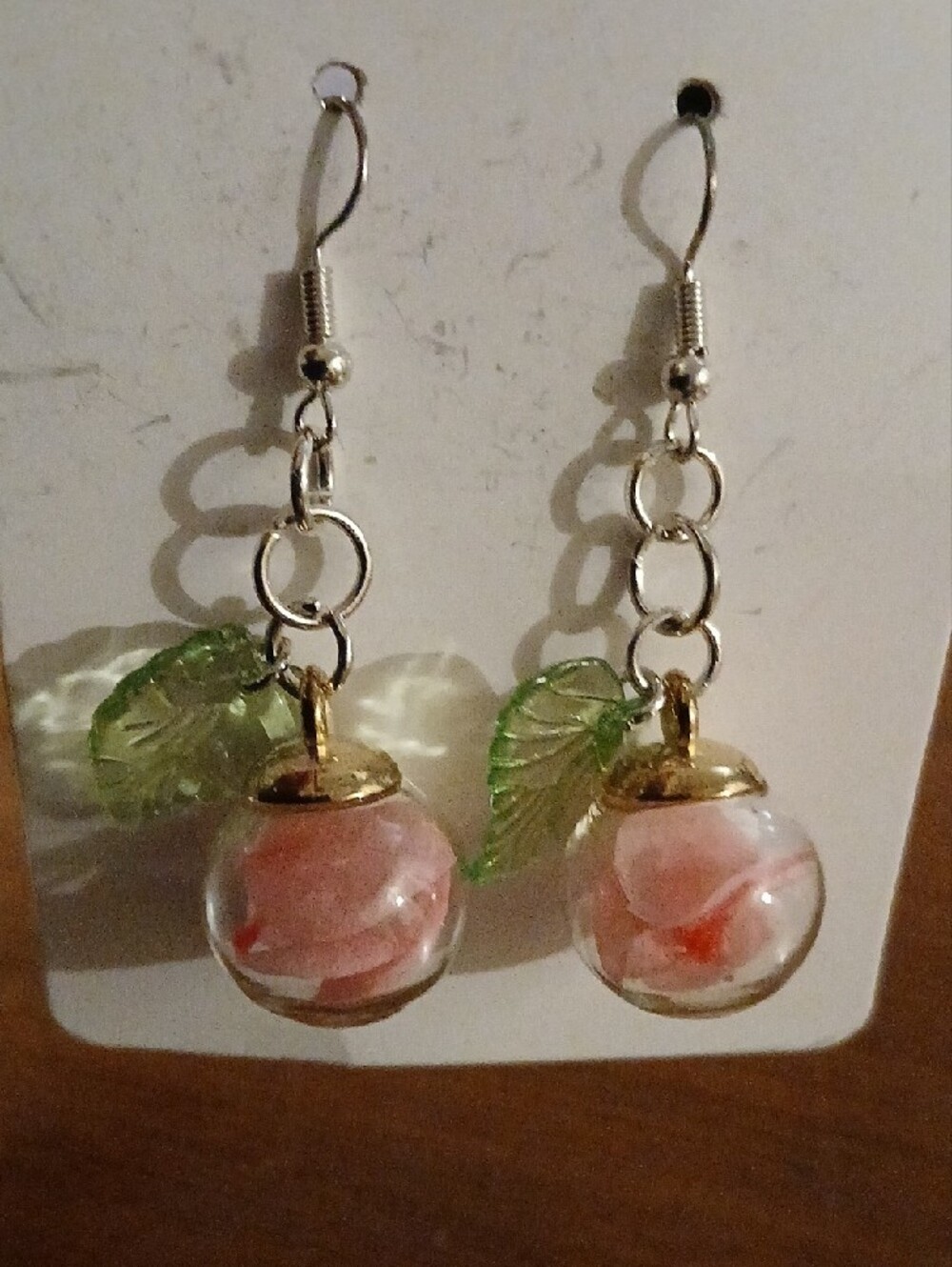 Handmade Pink Glass Flower & Green Leaf Dangle Earrings - Picture 1 of 8